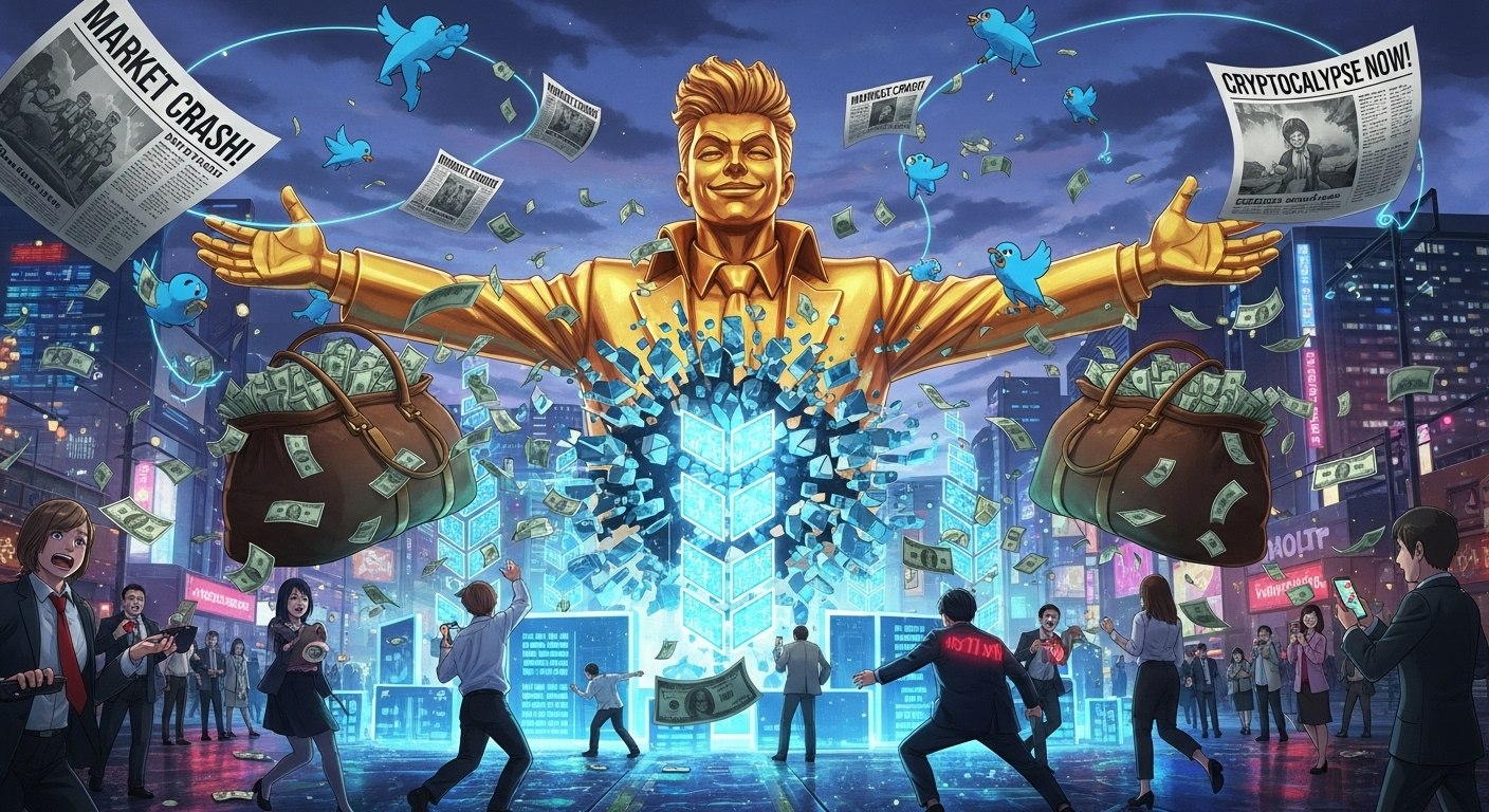 A celebrity statue crashes through blockchain code as money and investors panic, with Twitter symbols swirling.