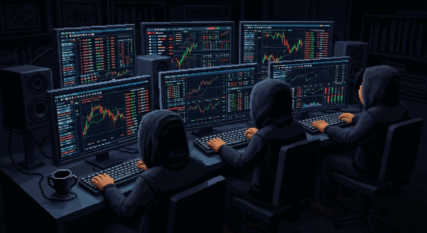 A shadowy room with anonymous traders and multiple monitors showing wallet addresses and price movements.