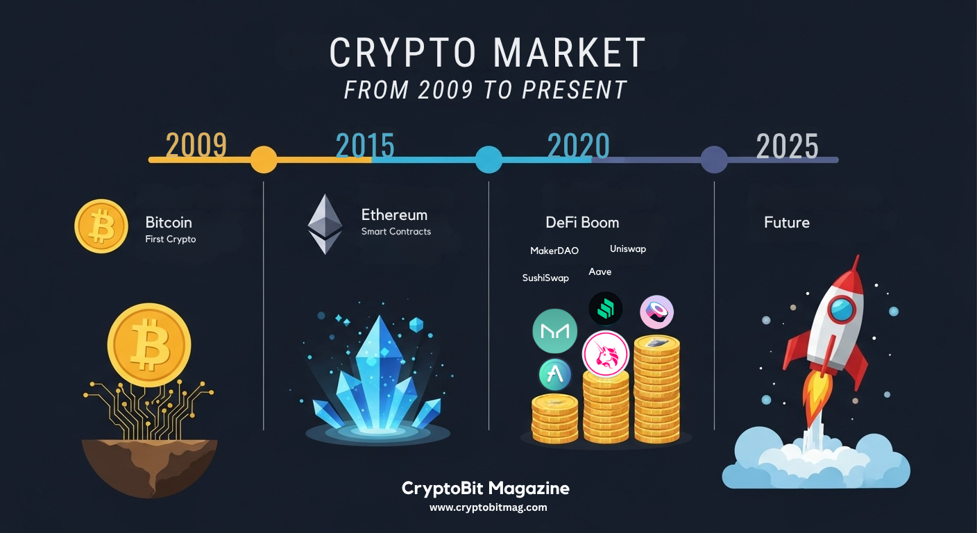 Infographic of cryptocurrency evolution timeline, highlighting key events from 2009 to 2025.