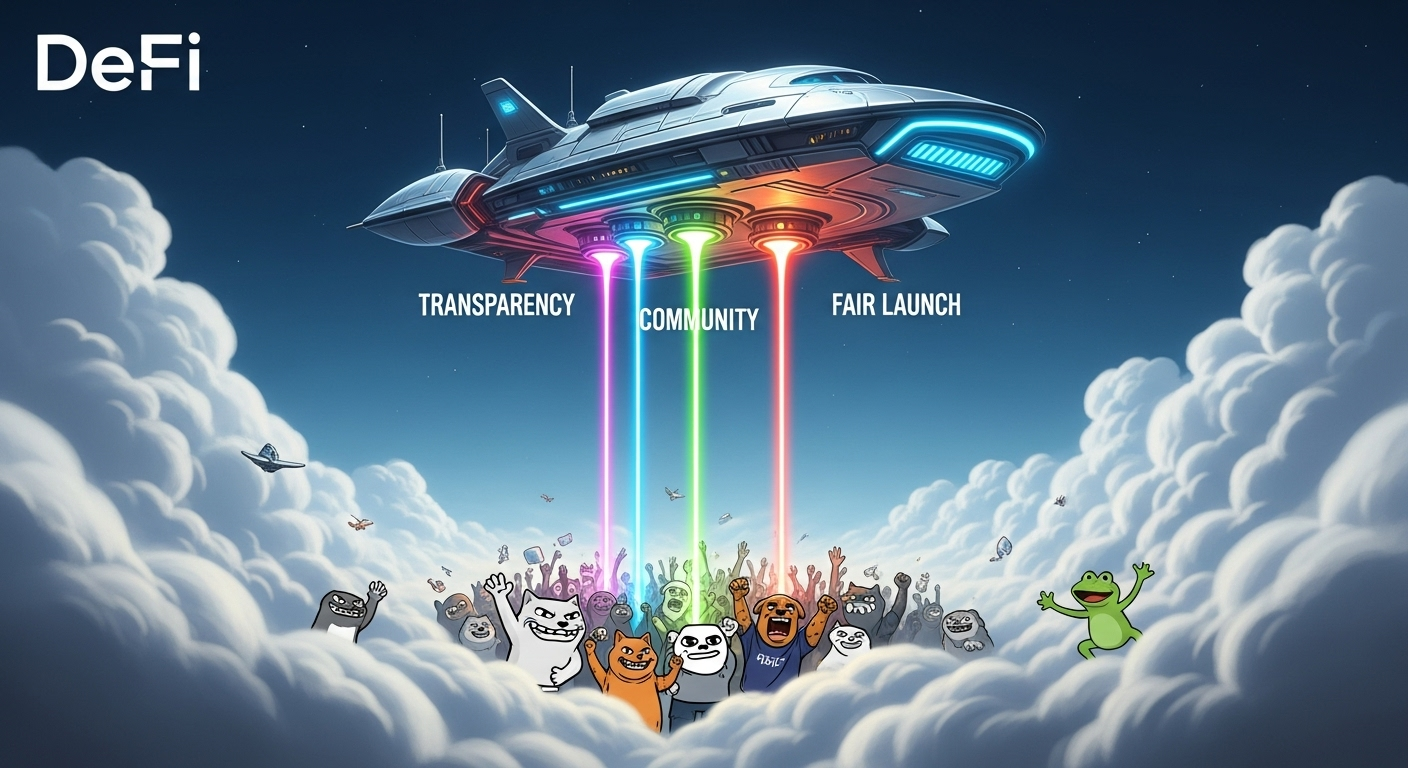 A floating DeFi platform radiating principles like transparency and community, supported by cheering meme characters.