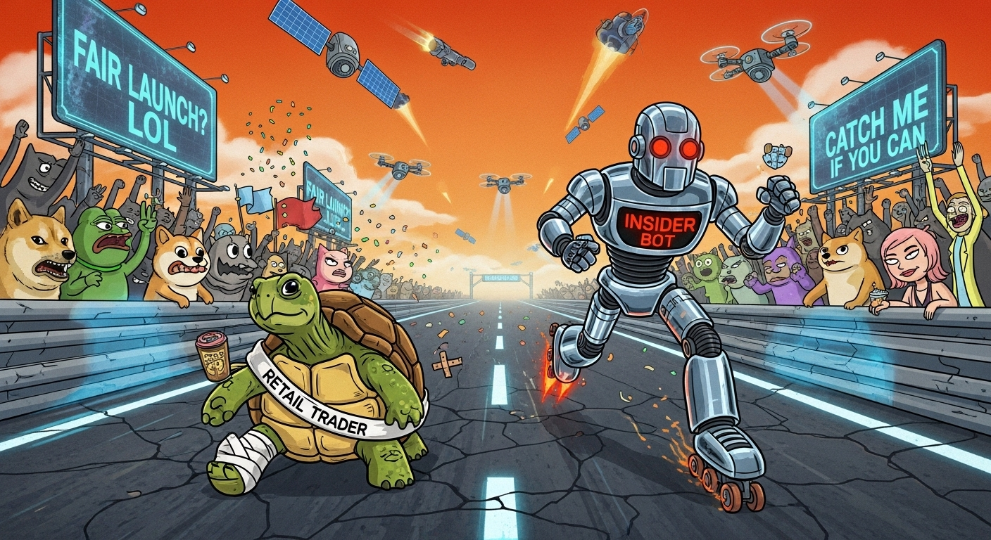 A slow turtle labeled 'Retail' racing a rocket-skating robot labeled 'Insider Bot' in a parody of unfair trading.