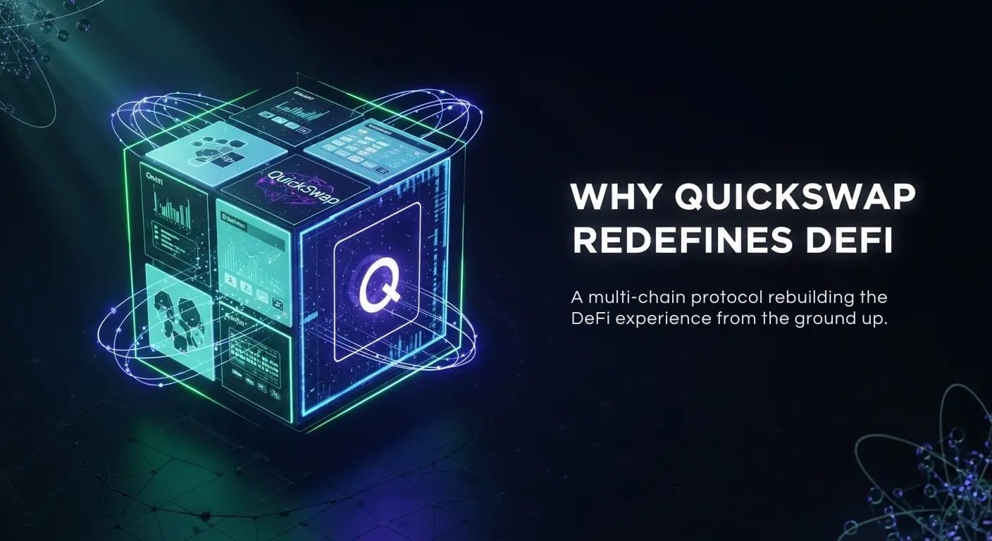 Glowing neon cube with digital panels and the QuickSwap logo, showcasing graphs and network interfaces, set against a dark background with light trails and orbital data paths