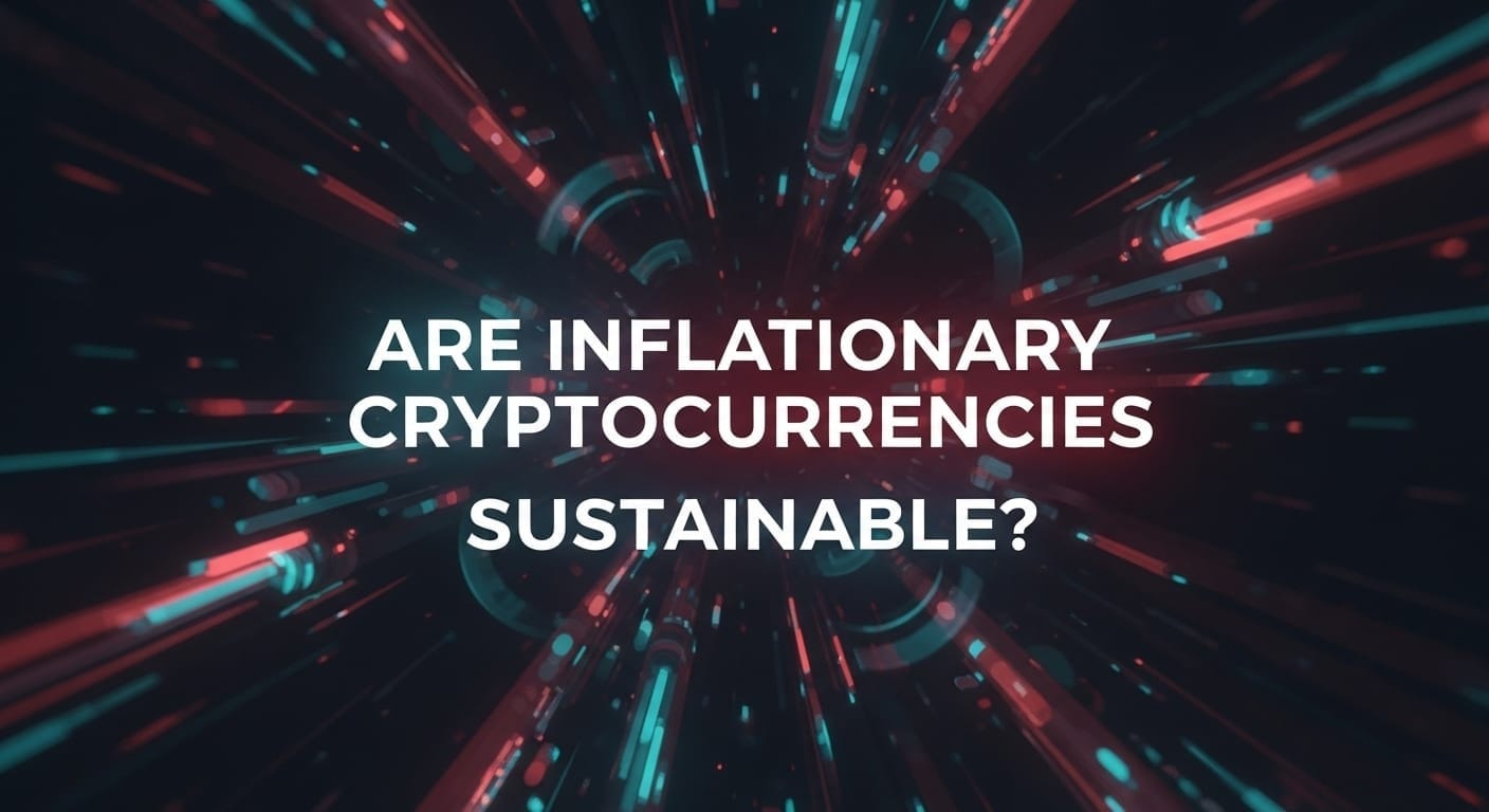 Are inflationary cryptocurrencies sustainable? Radial digital burst with vivid red and teal light streaks on a dark background, suggesting motion and energy