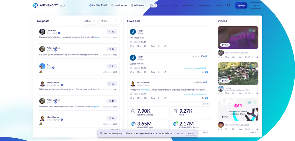 Authenticity platform UI with light blue logo, top nav, columns for top posts, live feed, videos, and a blue sign-up button.