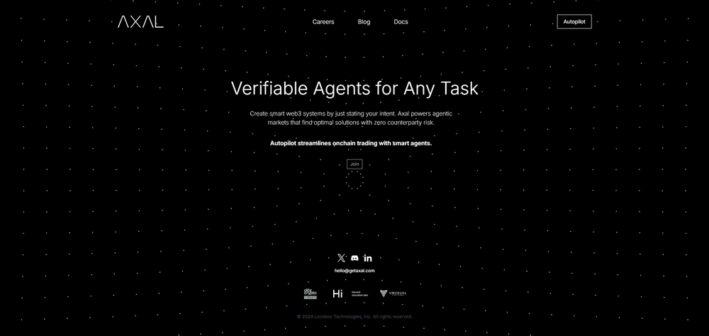 Axal homepage with “Verifiable Agents for Any Task” headline, Autopilot button, social icons, and partner logos.