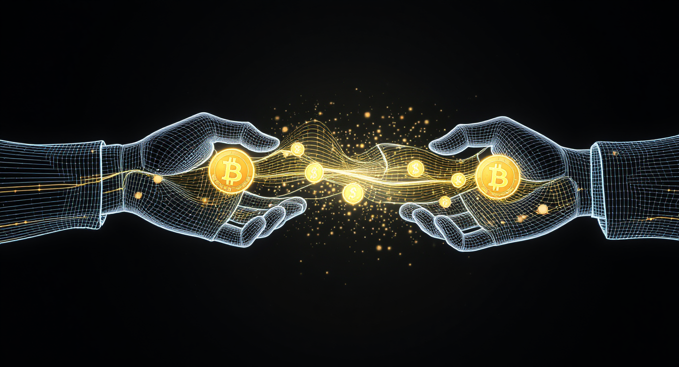 Wireframe hands transferring Bitcoin coins through golden energy stream on black background