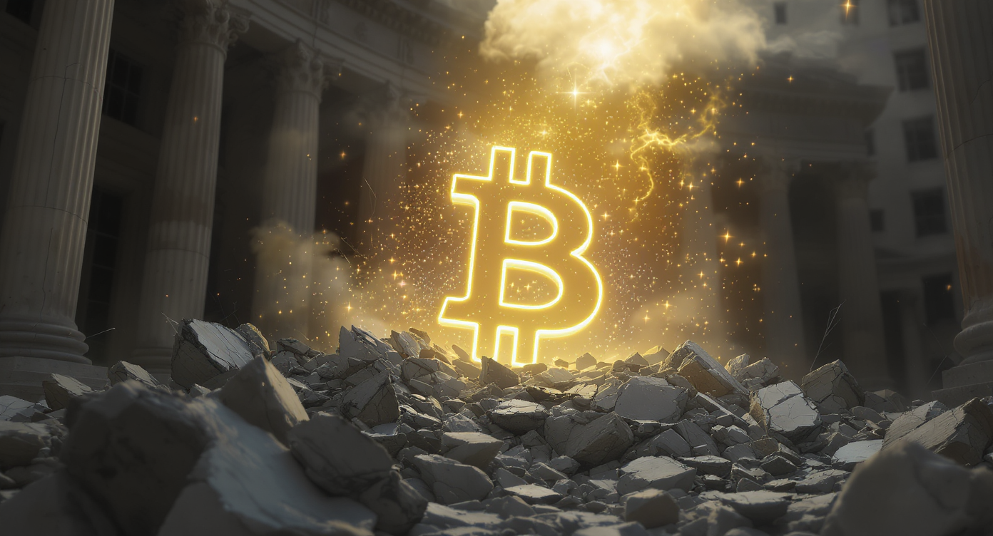 Glowing yellow Bitcoin symbol rising from grey rubble with classical buildings in background