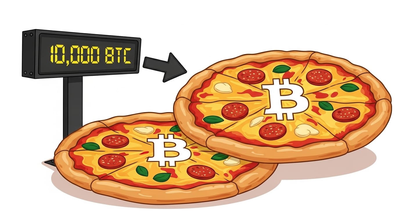 Cartoon of 10,000 BTC transaction for two Bitcoin-branded pepperoni pizzas