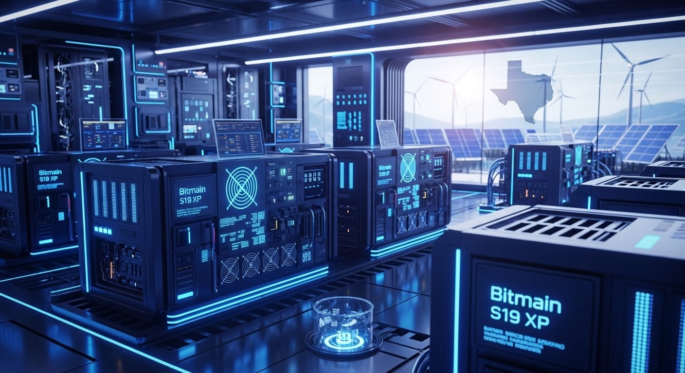 Interior of a futuristic data center featuring blue-lit Bitmain S19 XP servers, with wind turbines, solar panels, and a Texas silhouette visible through a window.