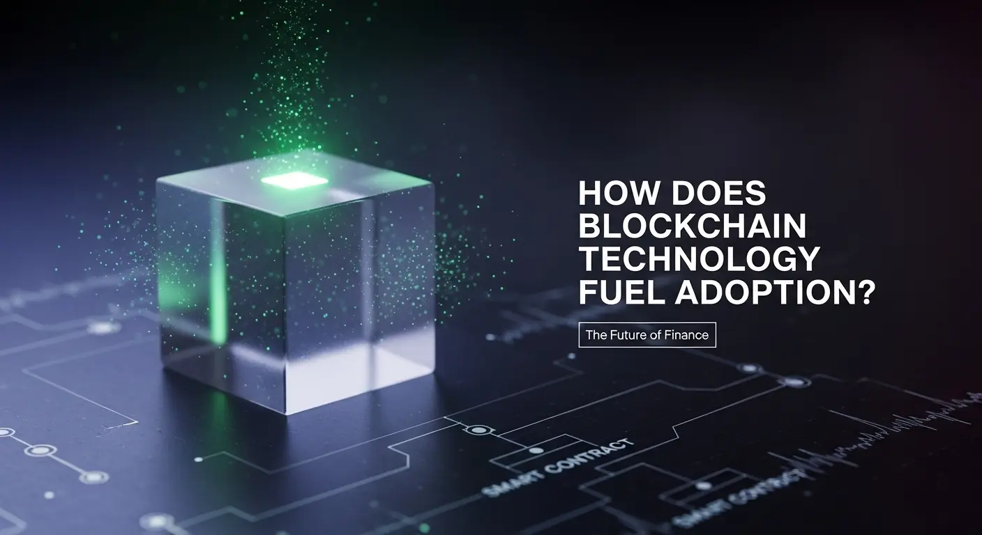 Glowing green cube on circuit-board surface labeled 'Smart Contract' with text 'How Does Blockchain Technology Fuel Adoption?