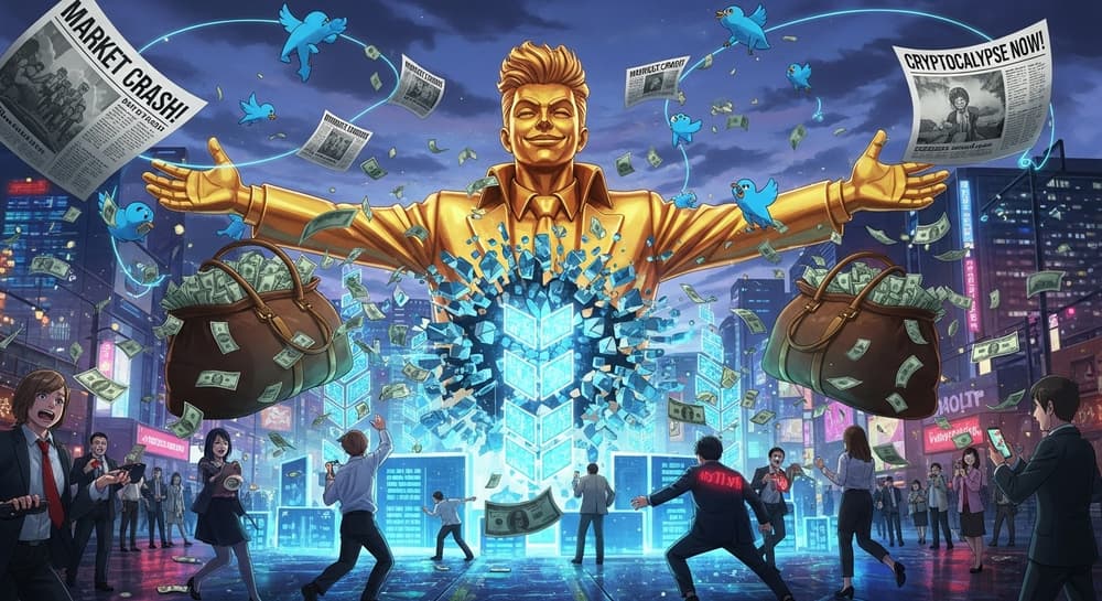 A celebrity statue crashes through blockchain code as money and investors panic, with Twitter symbols swirling.