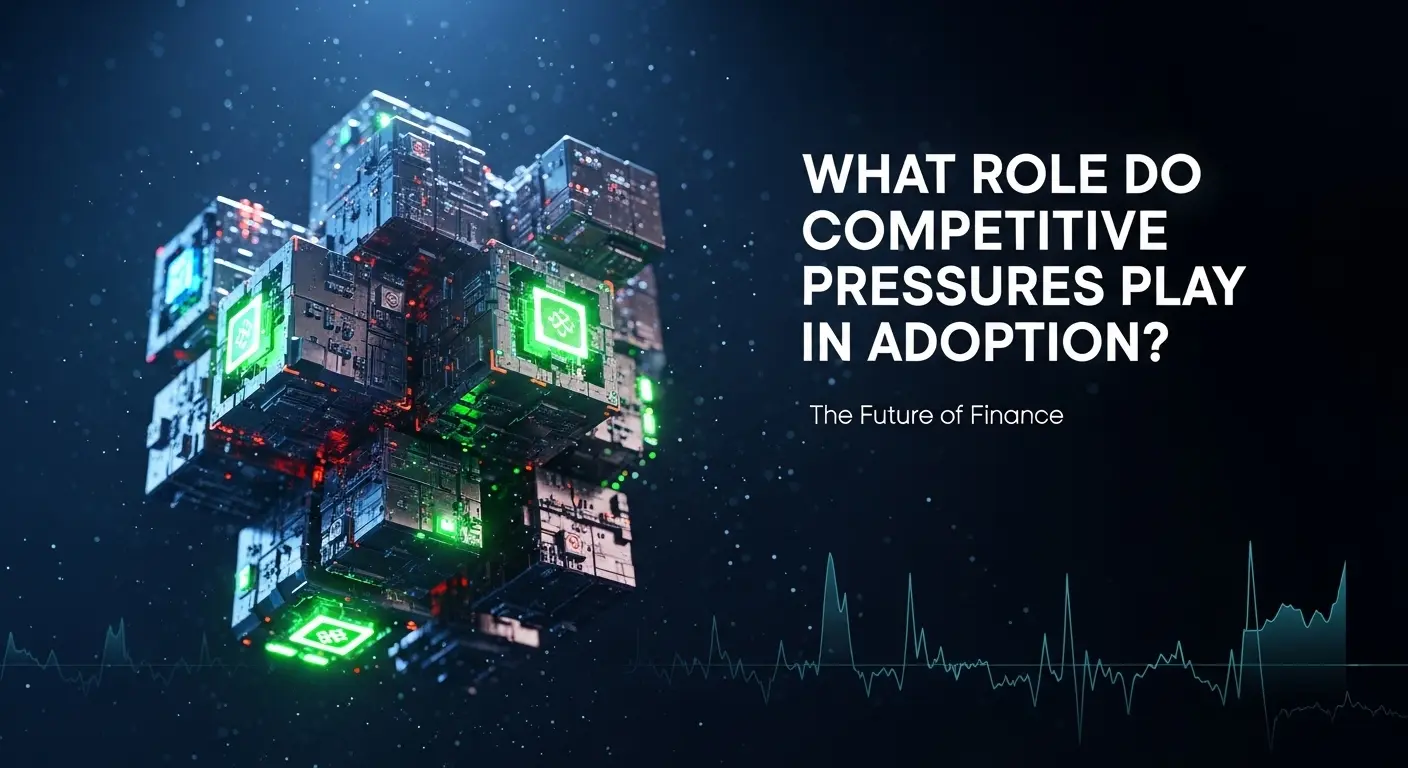 Floating cube-like digital core with glowing green lights above dual data graphs and the text 'What Role Do Competitive Pressures Play in Adoption?