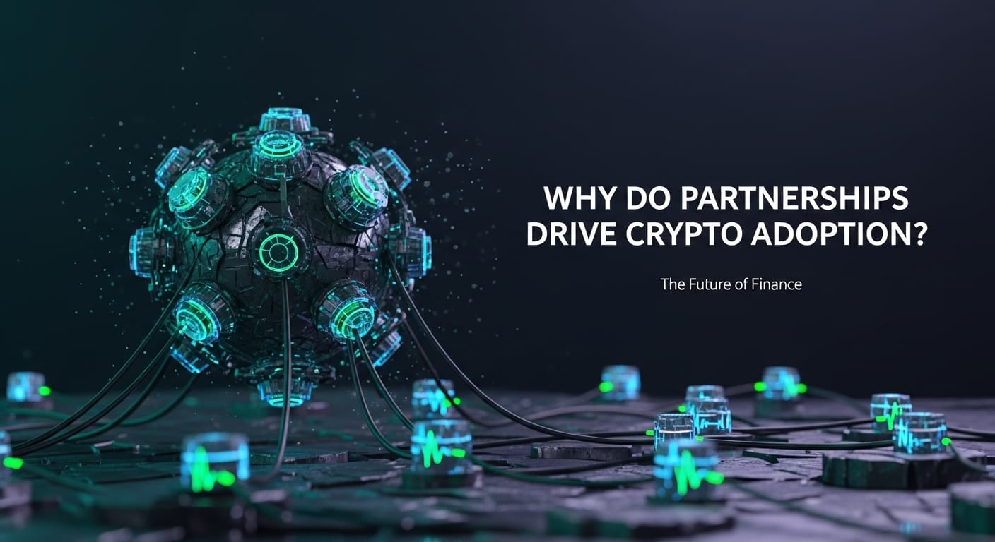 Futuristic spiky sphere with glowing cyan and green lights surrounded by connected platforms and text 'Why Do Partnerships Drive Crypto Adoption?