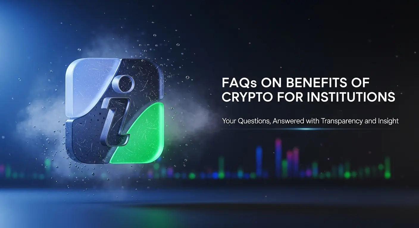 3D metallic “iZ” logo in blue and green with glowing particles and colorful bar graphs on a dark neon-lit digital background, alongside white text about crypto benefits for institutions