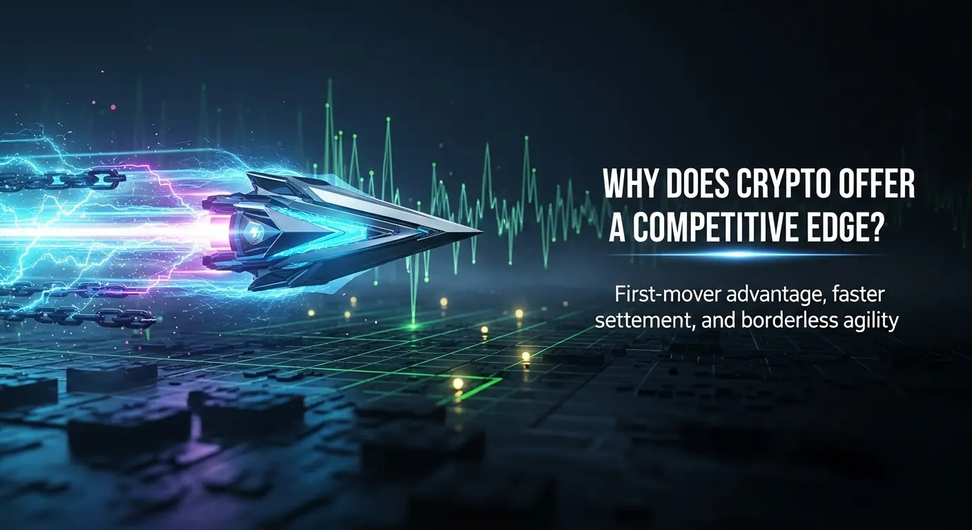 Futuristic silver and black spaceship with glowing blue and purple accents soars across a dark digital background, trailing glowing chains and energy bursts, symbolizing crypto’s speed and technological advantage