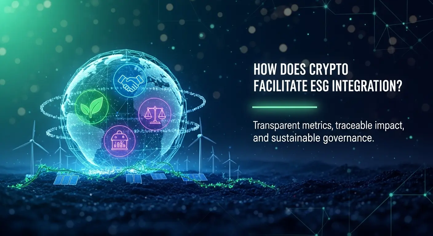 Futuristic glowing Earth with sustainability, governance, justice, and community icons floats above a digital landscape of solar panels and wind turbines, representing how crypto supports ESG goals