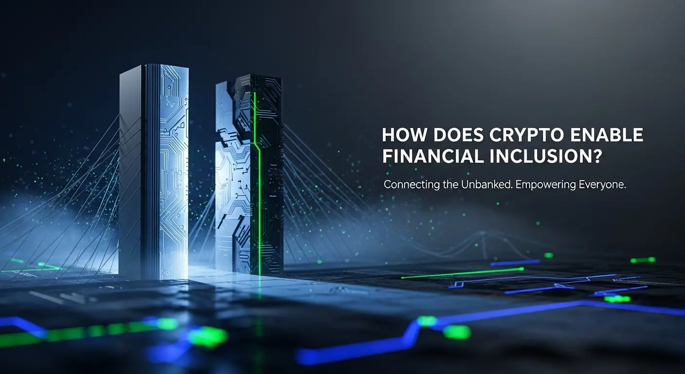 Digital illustration of two illuminated server towers with glowing blue and green circuit patterns connected by neon digital pathways, symbolizing crypto’s role in financial inclusion