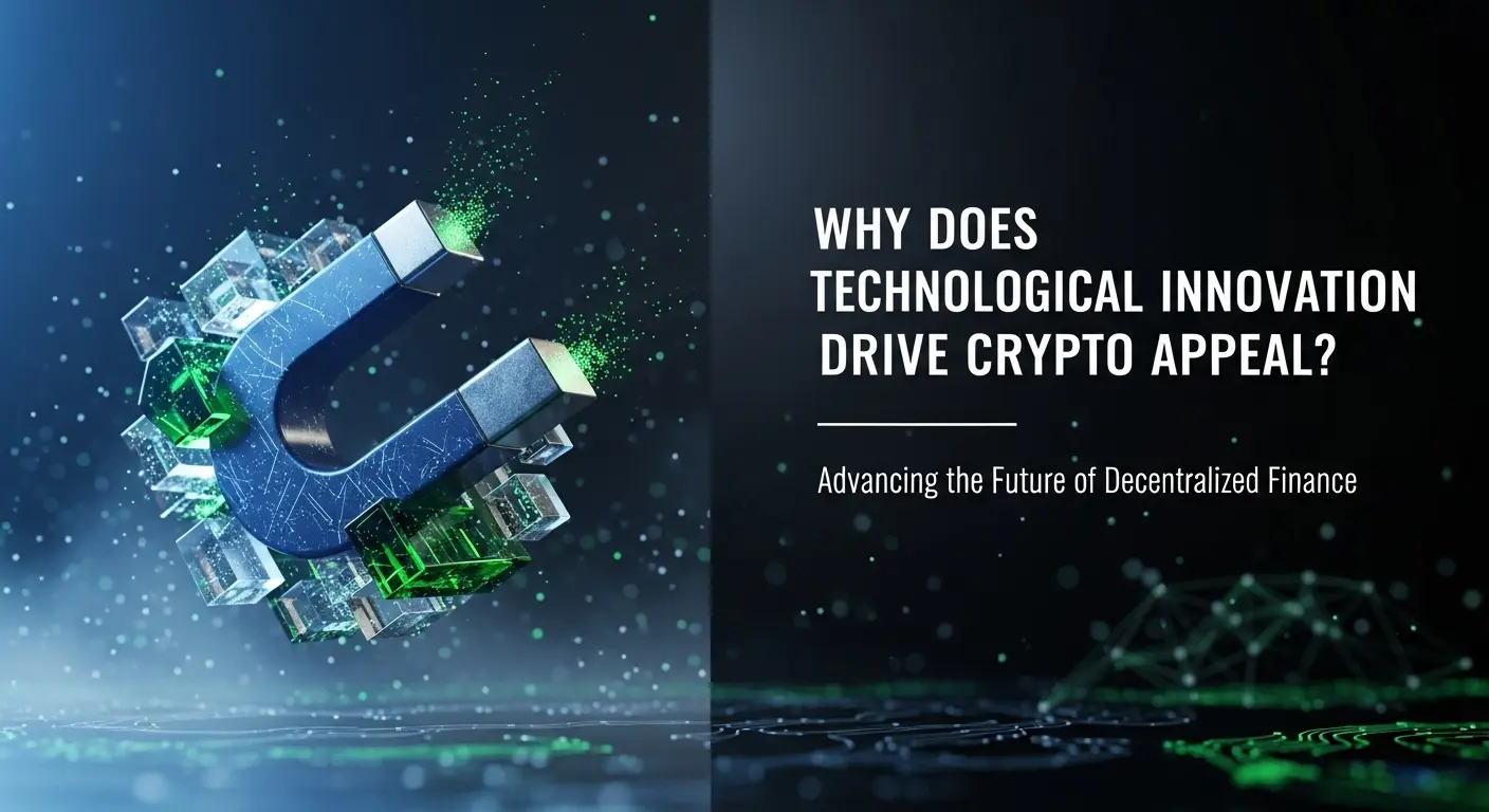 Glowing U-shaped magnet attracting green crystal data blocks over dark digital space, symbolizing crypto innovation and DeFi advancement
