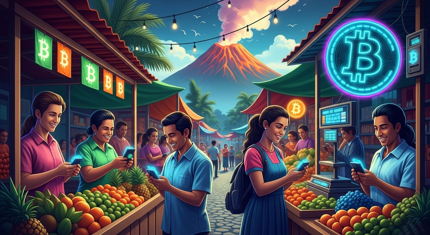 Vibrant digital painting of a tropical outdoor market with produce stalls, glowing smartphones, and Bitcoin symbols, set against an erupting volcano at sunset.