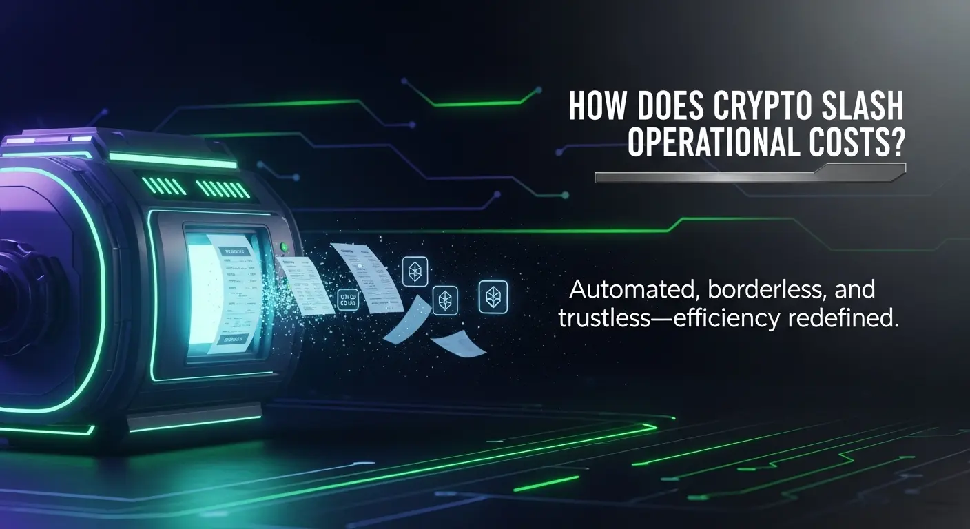 Futuristic black machine with neon green and purple highlights outputs digital invoices and QR-coded documents, symbolizing crypto-driven automation and reduced operational costs