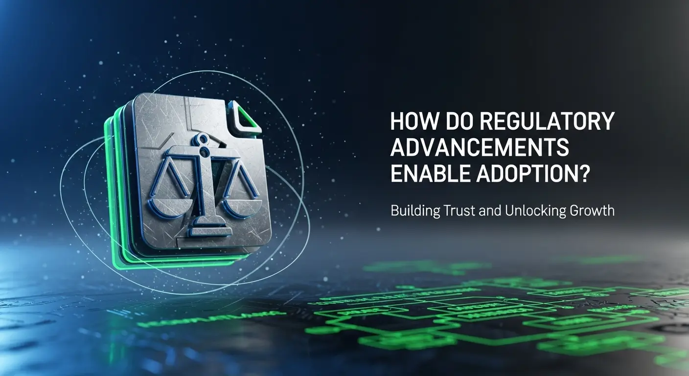 Metallic cube with scale symbol and glowing blue edges on tech circuit background highlighting regulatory progress in crypto adoption