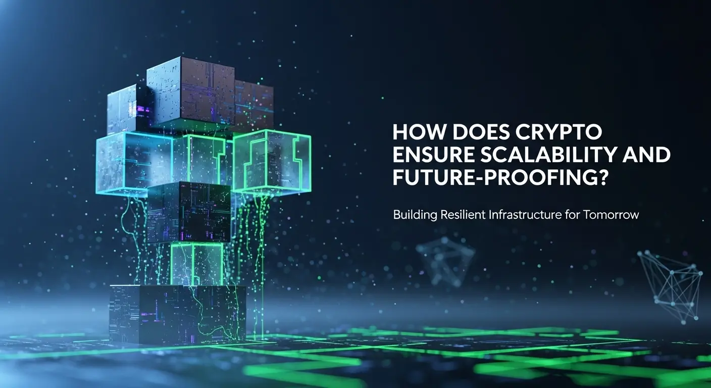 Abstract digital illustration of interconnected glowing blue and green cubes with circuitry patterns and data streams over a glowing grid, symbolizing scalable and resilient crypto infrastructure