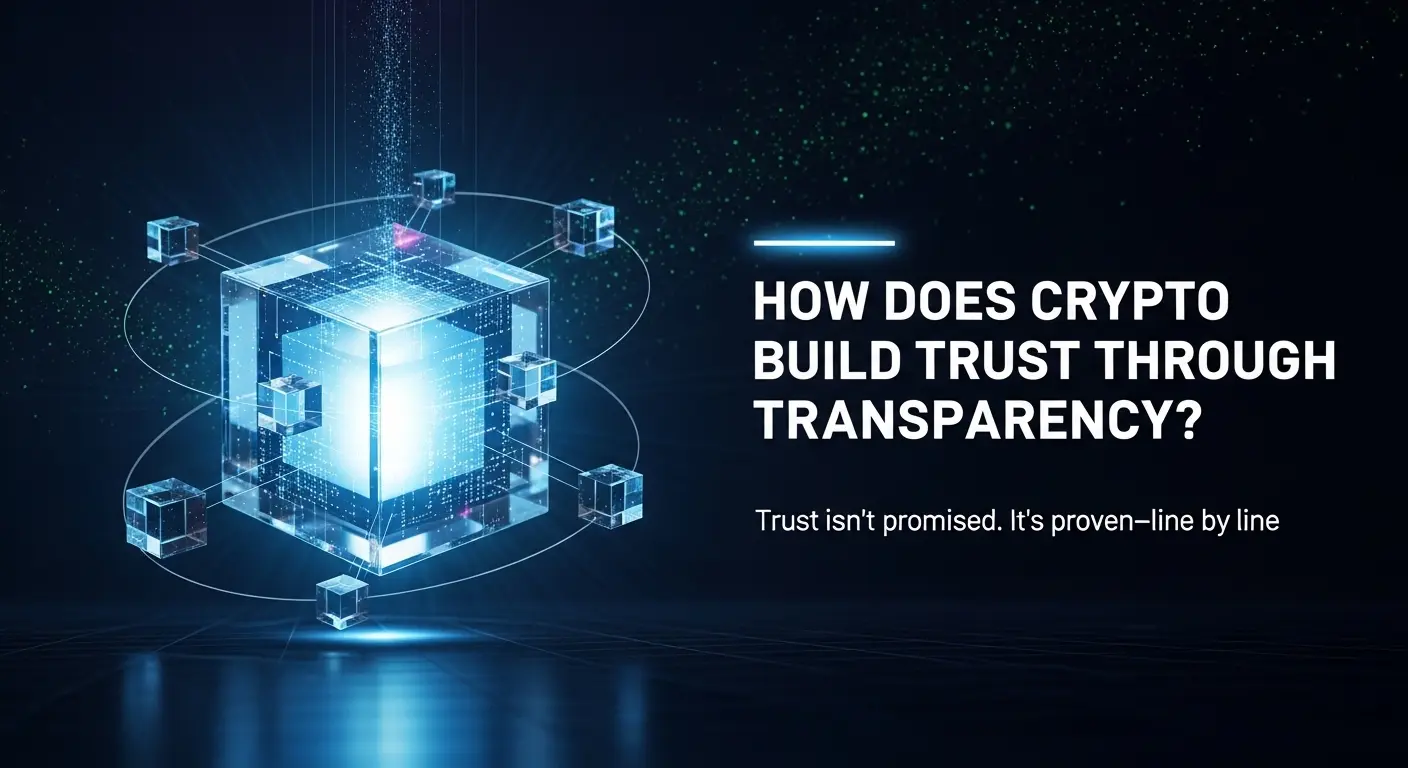 Glowing blue transparent cube at center with orbiting data-linked cubes and digital lines, symbolizing blockchain transparency and trust-building in cryptocurrency