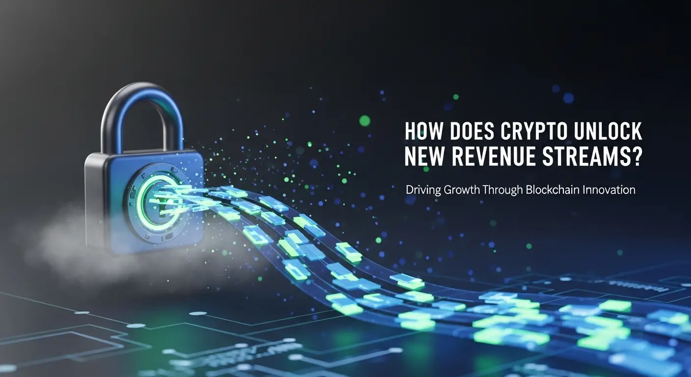 Glowing dark blue padlock emitting lime green and blue digital data streams over circuit background highlighting crypto revenue growth