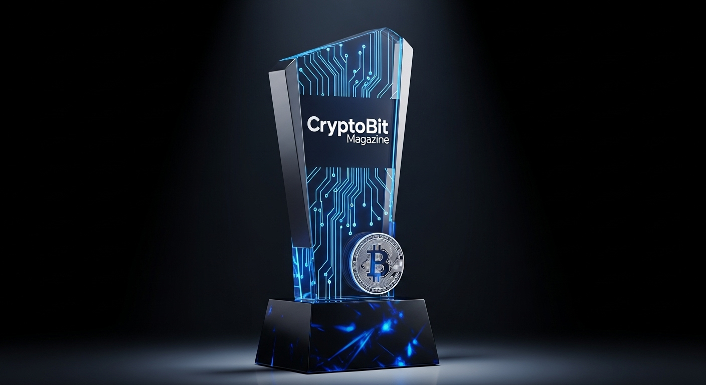 CryptoBit Magazine glowing trophy with Bitcoin emblem on dark background