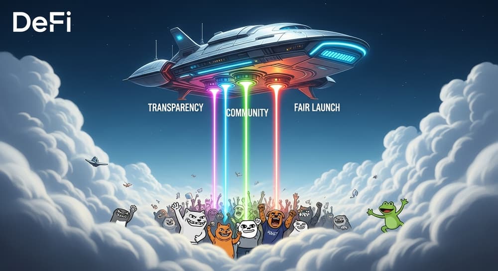 A floating DeFi platform radiating principles like transparency and community, supported by cheering meme characters.
