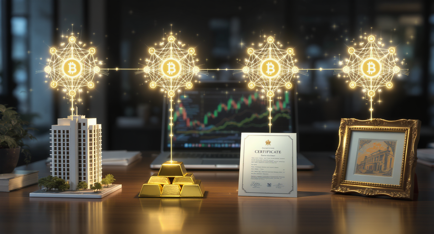 Finance items and Bitcoin nodes on dark table with laptop showing stock graph.
