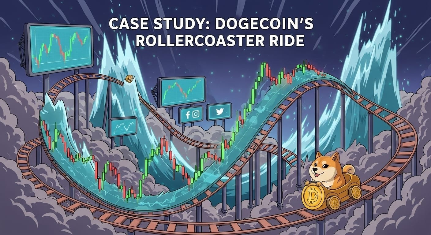 Cartoon-style Shiba Inu riding a Bitcoin-shaped rollercoaster on a fluctuating financial chart, symbolizing Dogecoin market volatility