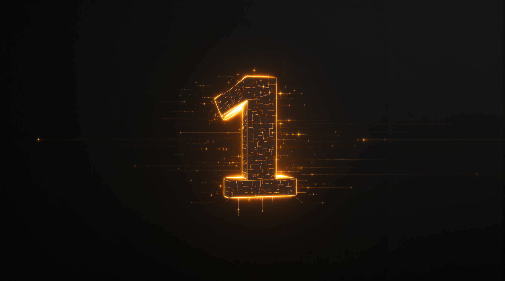 Glowing orange digital number bitcoin 1 block with pixel texture and light trails on black background