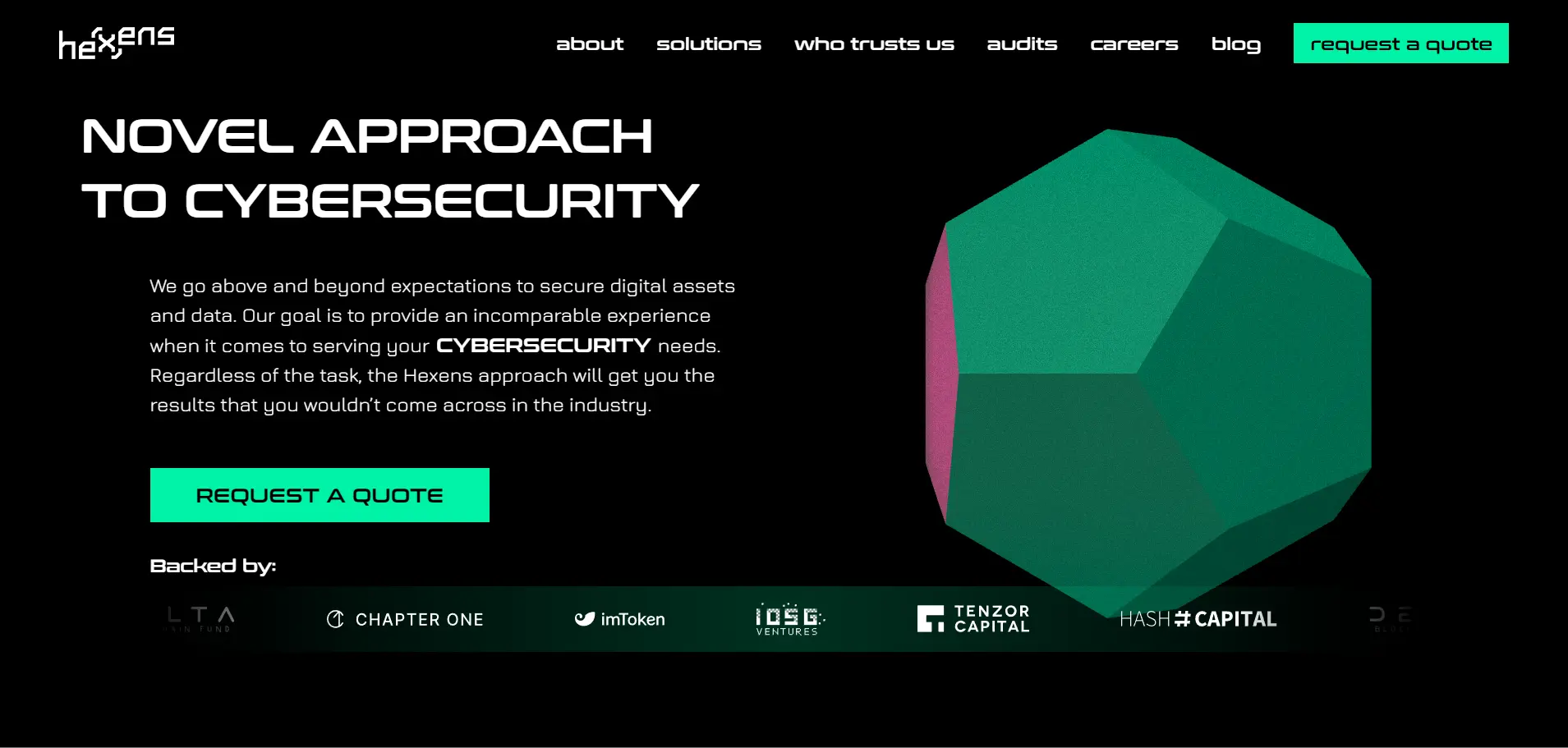 Website screenshot of Hexens.io featuring a dark background with white text, a stylized "hexens" logo, navigation bar with options like "about" and "solutions," a green "request a quote" button, a heading "NOVEL APPROACH TO CYBERSECURITY," a teal and magenta geometric polygon, and partner logos including LTA and Chapter One.