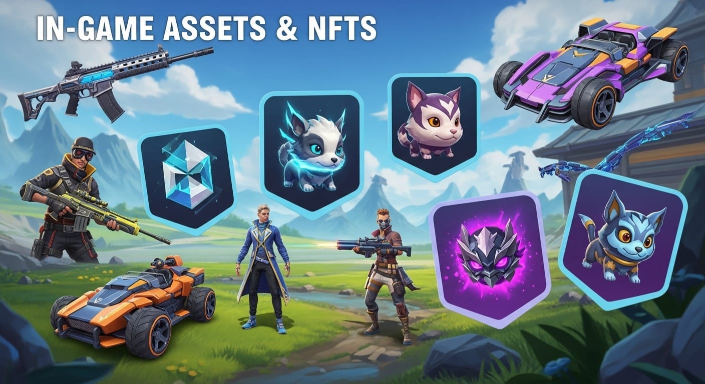 In-game assets and NFTs including characters, weapons, vehicles, and icons set in a vibrant green digital landscape with a bright blue sky.