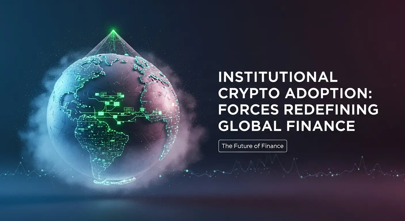 Digital globe with crypto network and title 'Institutional Crypto Adoption – Forces Redefining Global Finance' on tech background