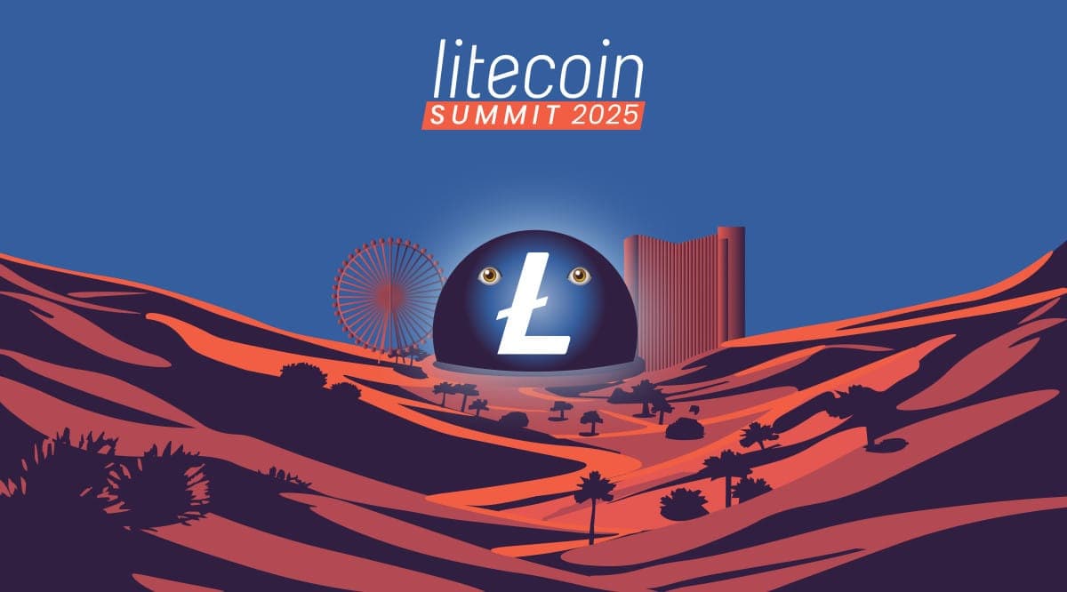 Stylized desert landscape at dusk with a glowing dark blue sphere featuring the white Litecoin Ł logo and cartoon eyes, flanked by a Ferris wheel and tall building. “Litecoin Summit 2025” text appears above in white and orange against an indigo sky, with silhouetted hills, palm trees, and futuristic scenery.