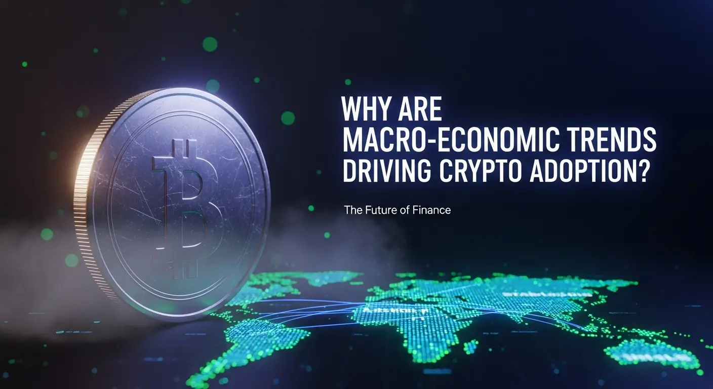 Silver Bitcoin coin beside glowing green world map with text 'Why Are Macro-Economic Trends Driving Crypto Adoption?