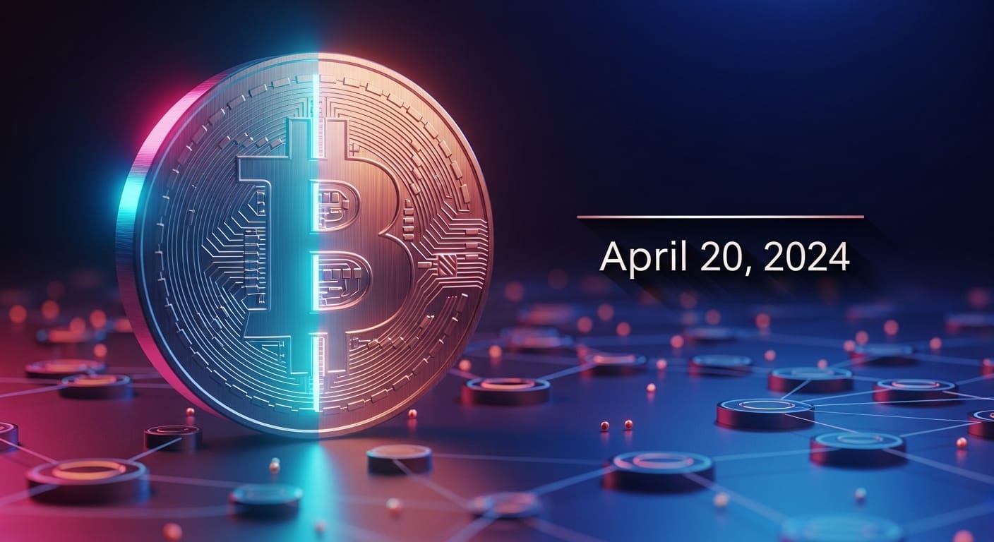 Detailed metallic bitcoin coin glowing pink, purple, blue neon on dark futuristic digital network with glowing nodes and lines, date April 20, 2024
