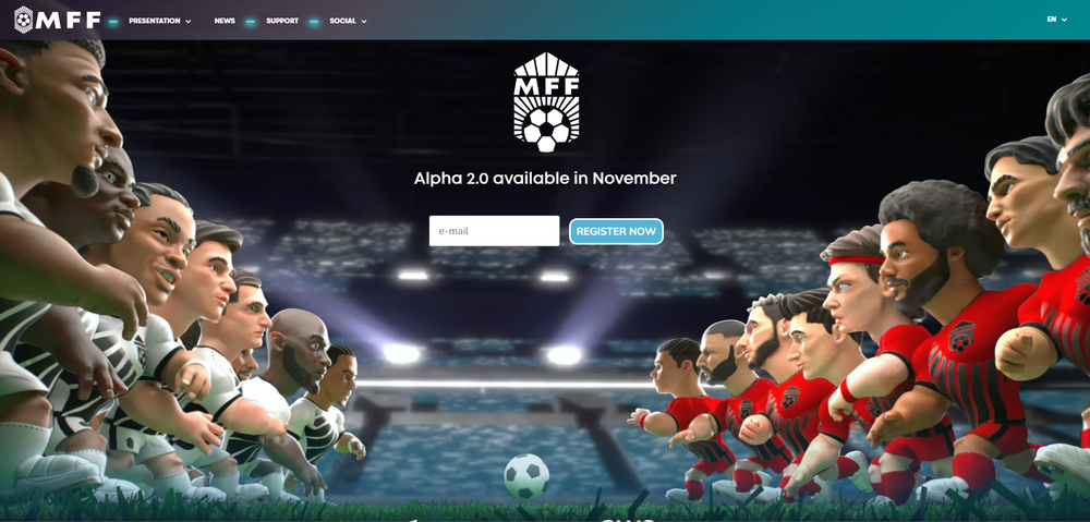 Stylized soccer match digital rendering with two cartoon teams, soccer ball, MFF logo, and Alpha 2.0 November registration banner.