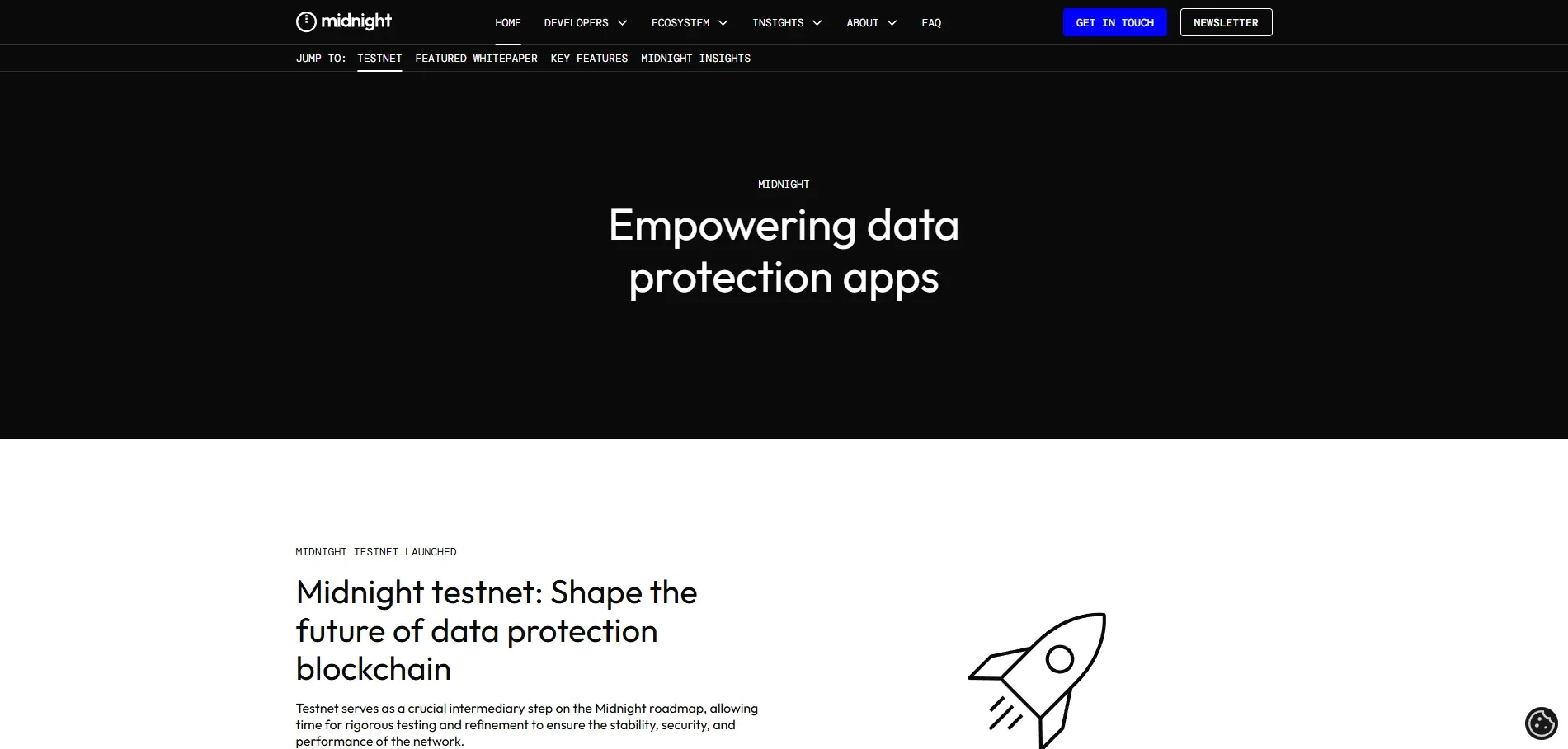 Official Midnight Blockchain website homepage featuring dark theme, crypto navigation, and testnet launch announcement