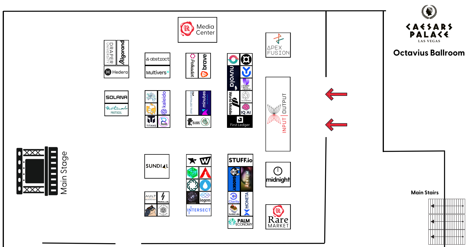 Bird's-eye view floor plan of the Octavius Ballroom at Caesars Palace Las Vegas, showing exhibitor booths, main stage, media center, and entrance layout for rare evo 2025 blockchain conference.