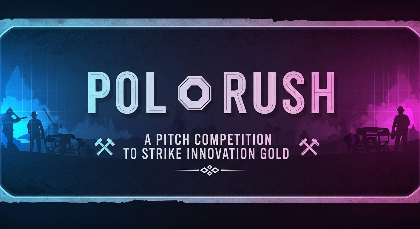 POL RUSH crypto pitch event banner with miners and diamonds.