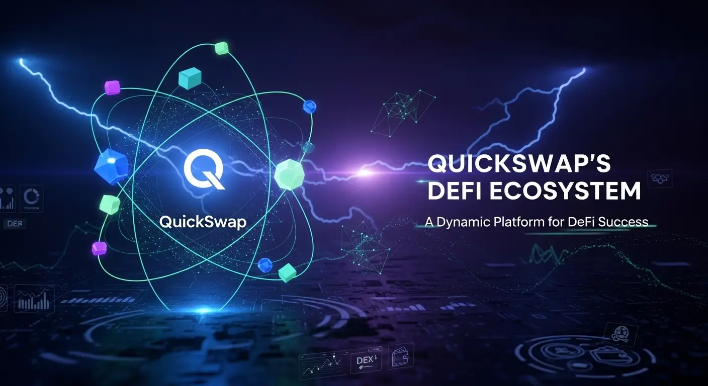 Digital illustration of a glowing atom with the QuickSwap logo at its center, surrounded by colorful orbiting cubes connected by light blue orbital lines, set against a dark, tech-themed background.