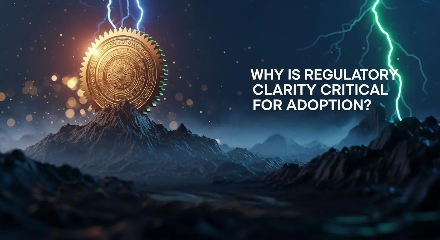 Golden coin balanced on jagged mountain peak under lightning-filled sky with text 'Why is Regulatory Clarity Critical for Adoption?