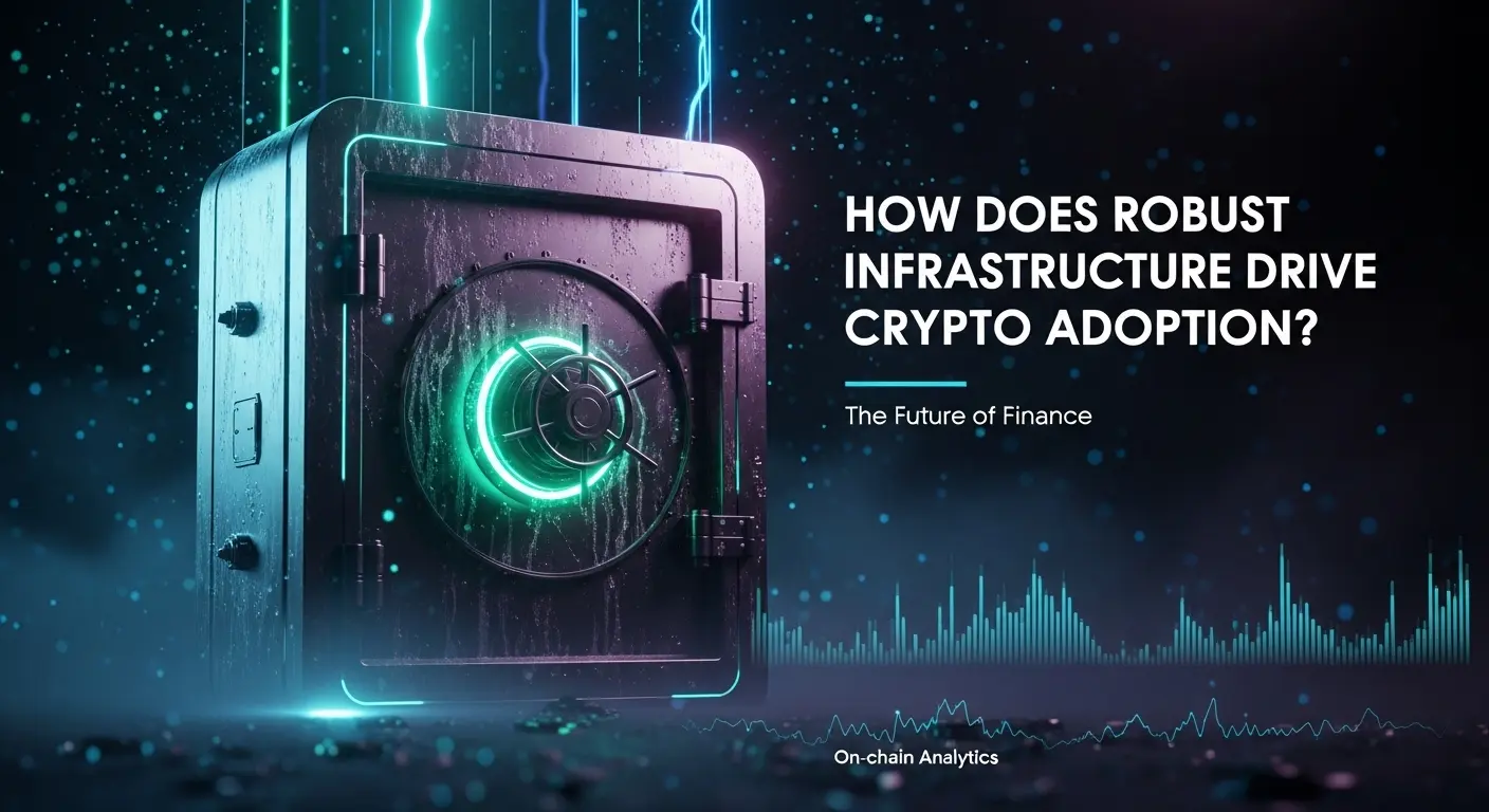 Dark gray crypto safe with glowing green dial and title 'How Does Robust Infrastructure Drive Crypto Adoption?' above futuristic analytics graphics