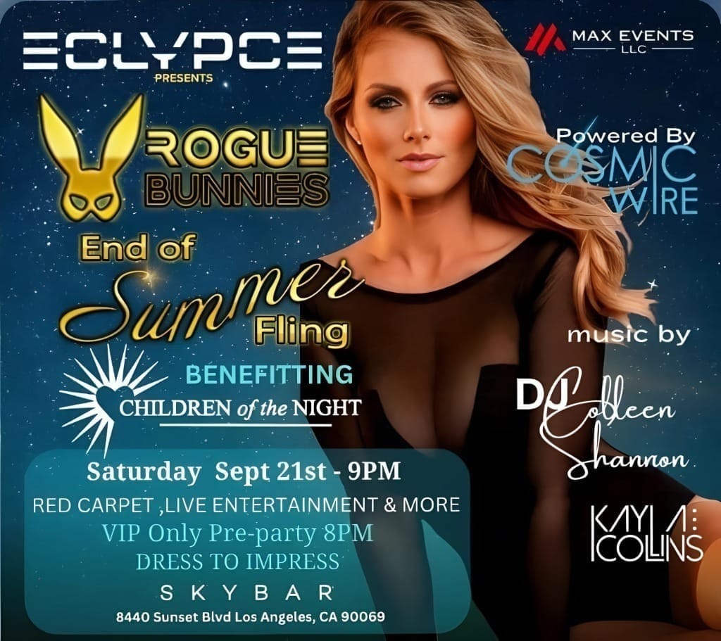 Promotional poster for Rogue Bunnies’ "End of Summer Fling" event featuring a blonde model, blue gradient background, event details, sponsor logos, and a heart icon for Children of the Night charity.