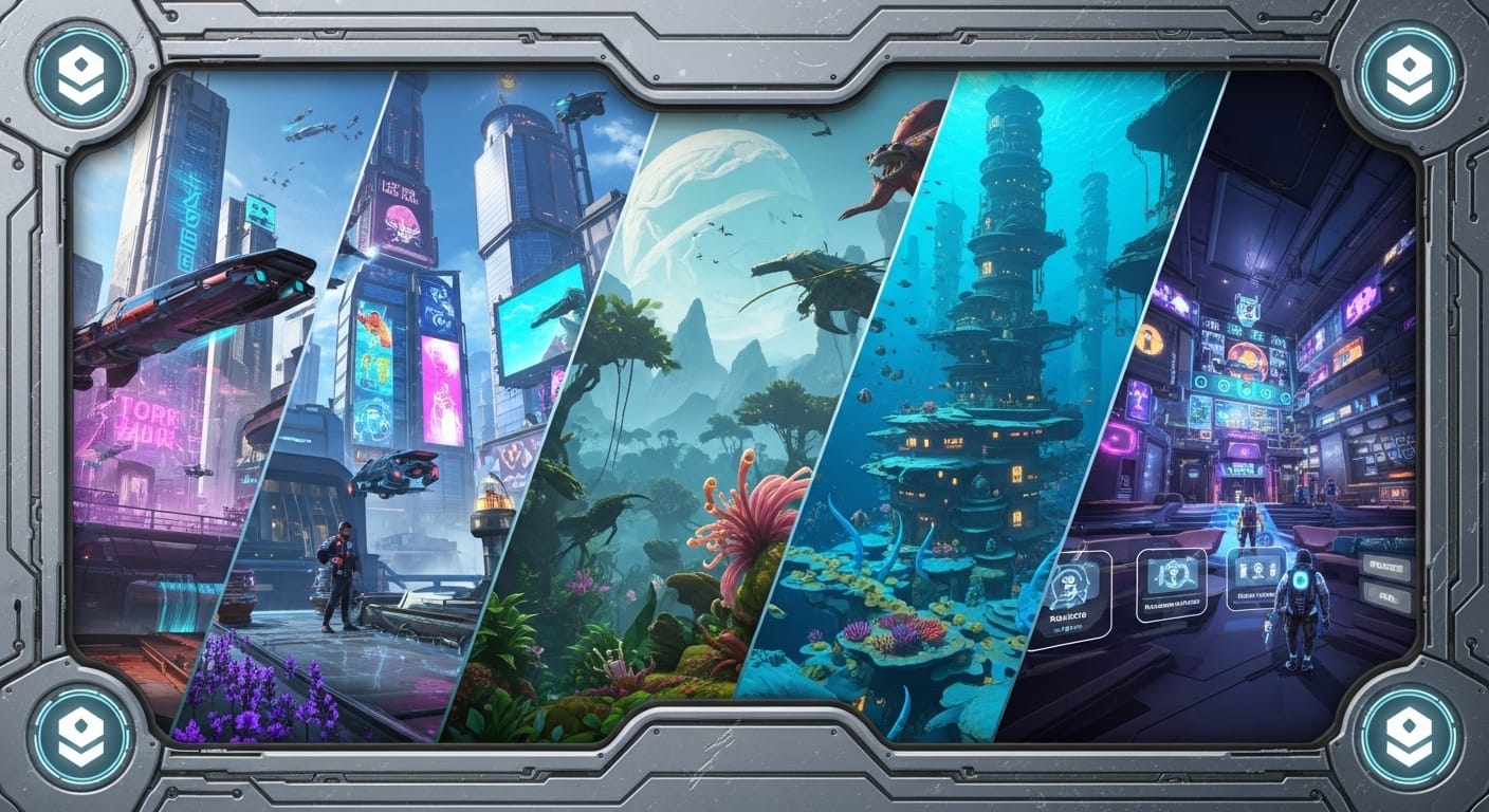 Digital artwork for gaming, depicting a futuristic sci-fi vista in a textured metallic frame, featuring five vertical panels with neon-lit cityscapes, alien landscapes, vibrant underwater ecosystems, and a high-tech control room, designed with intricate details and vibrant colors.