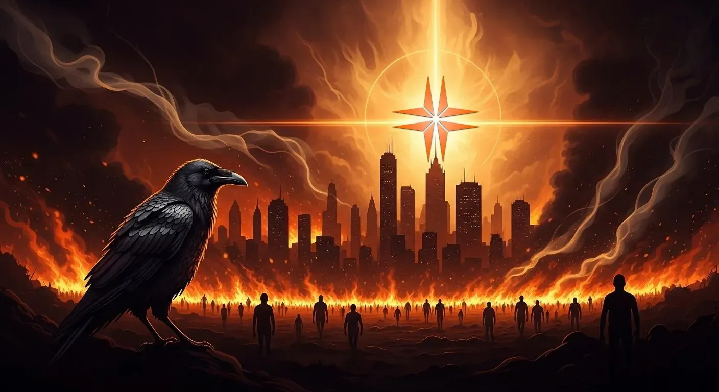 "Dark crow overlooks fiery apocalyptic city with glowing crypto star above silhouetted crowd in SparkDEX-inspired scene