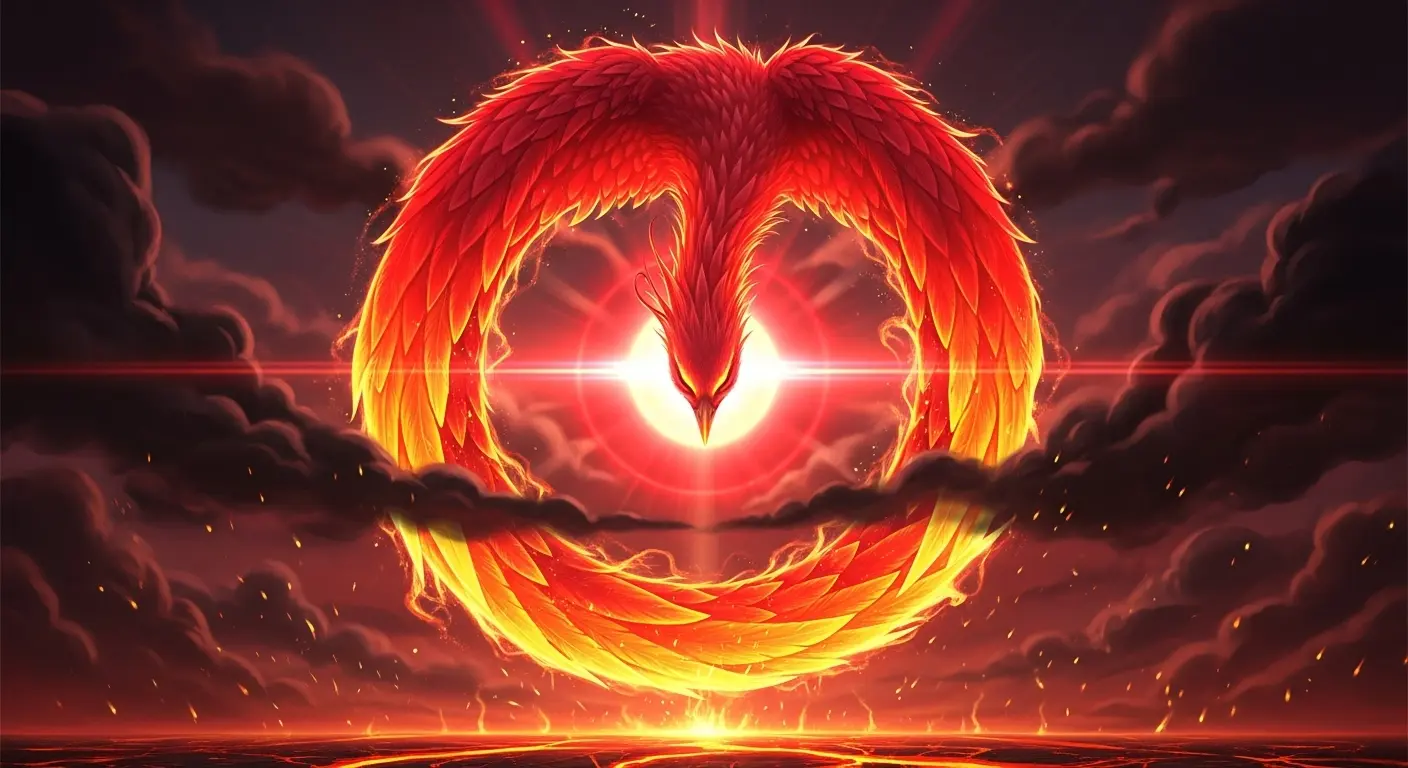 Vibrant red and orange phoenix with glowing wings encircling bright crypto core over molten lava in SparkDEX artwork